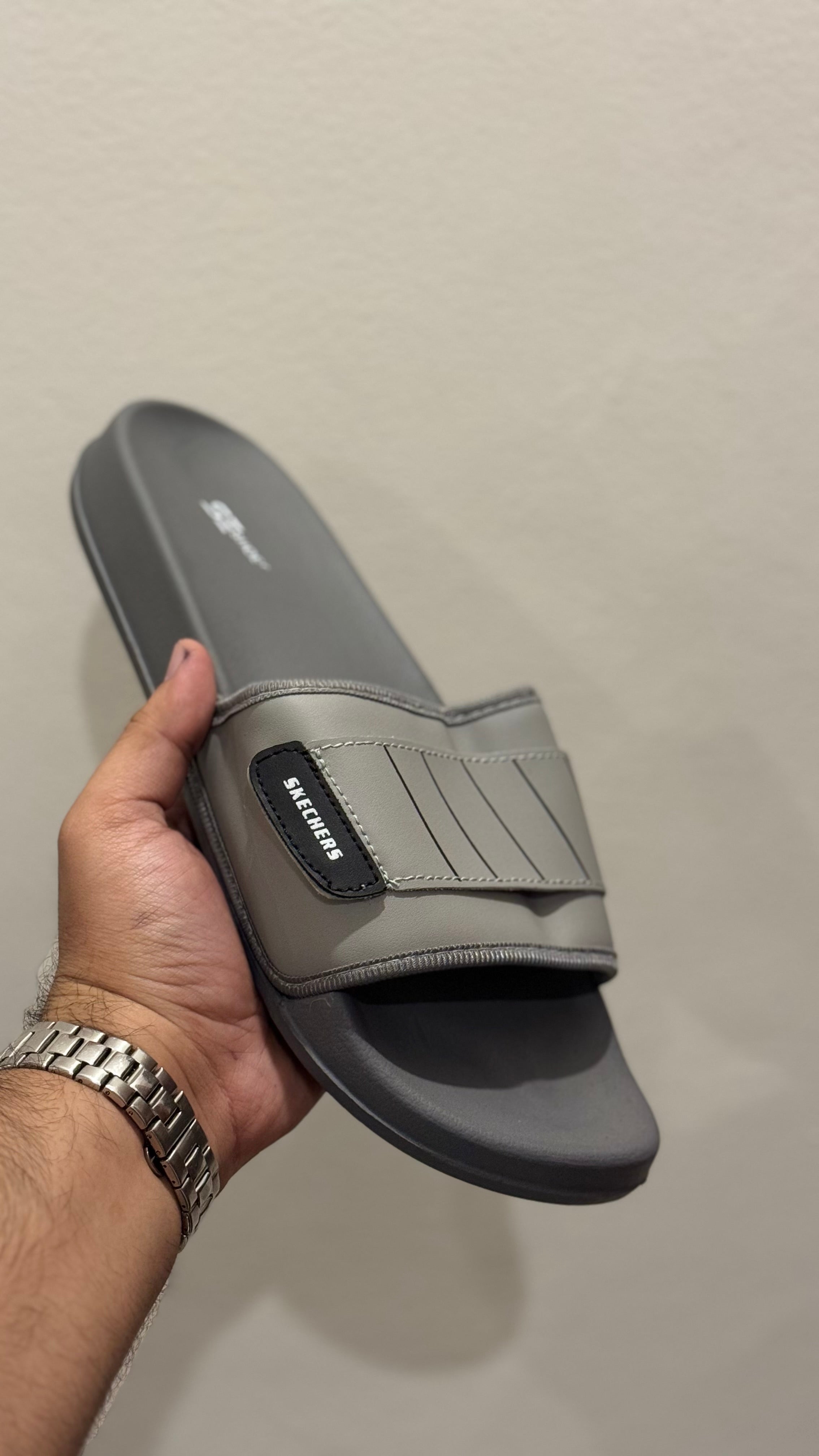 Stripe Skechers Comfort Slide Sandals (grey)