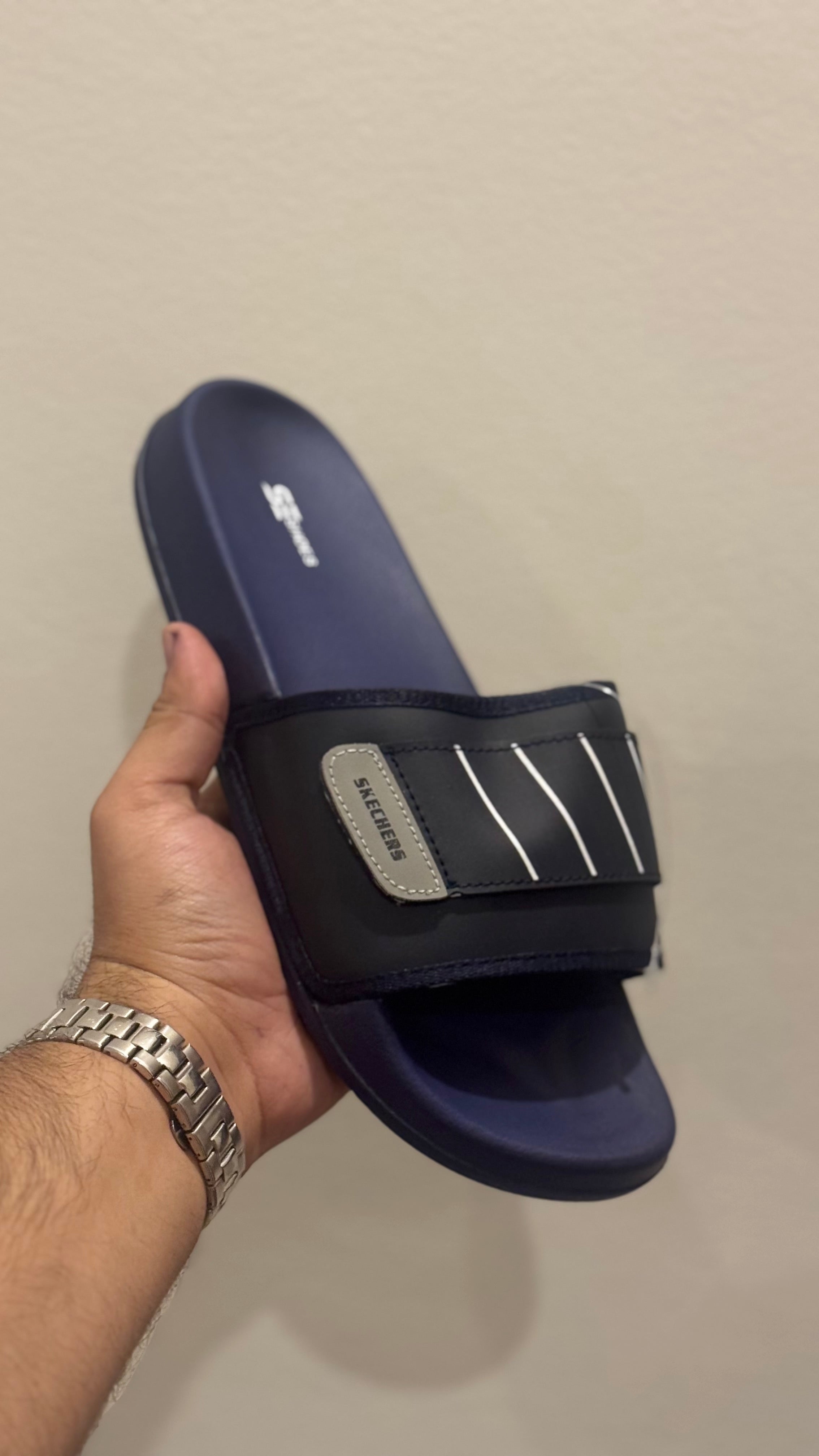 Stripe Skechers Comfort Slide Sandals (blue)