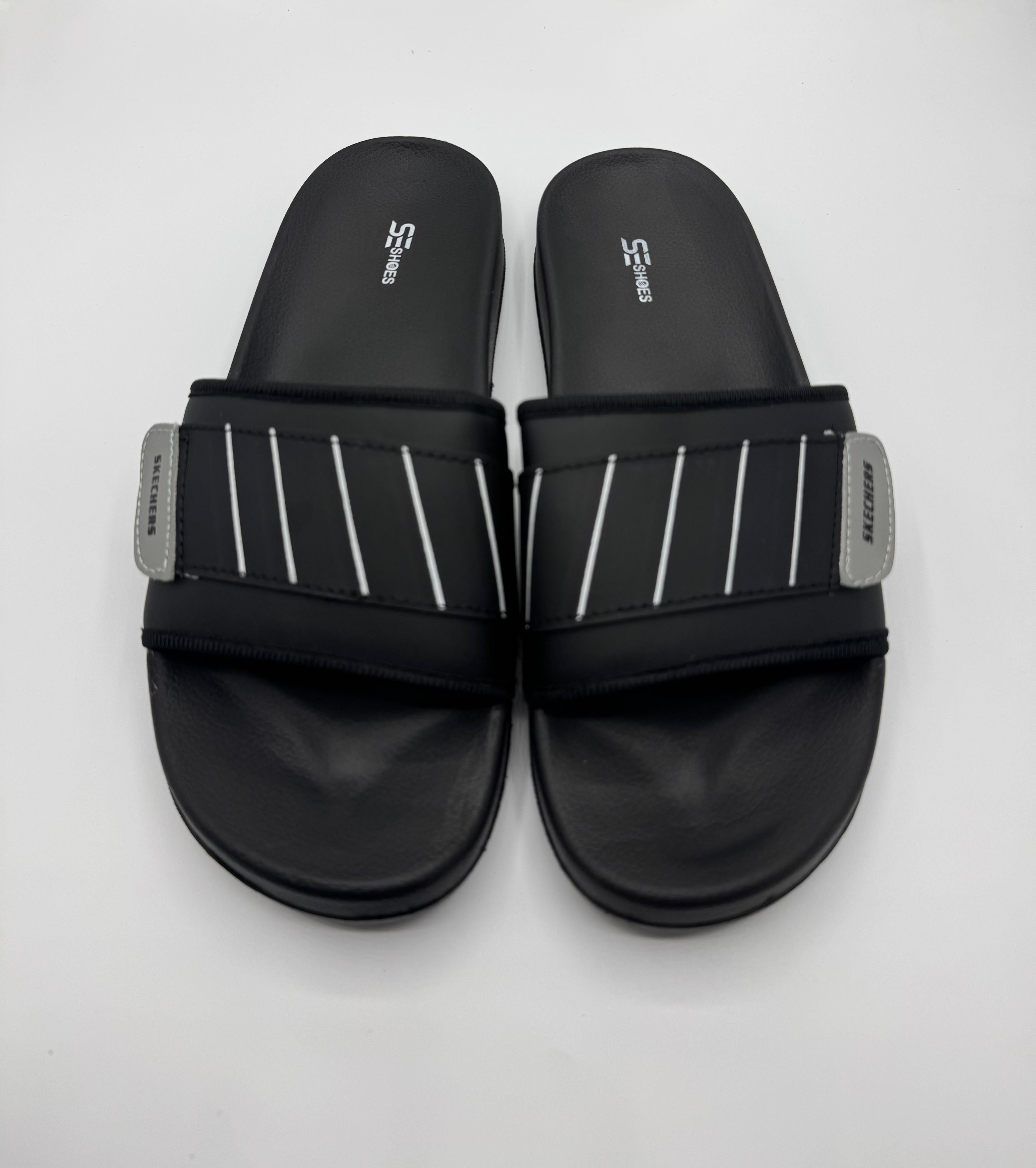 Stripe Skechers Comfort Slide Sandals (black)
