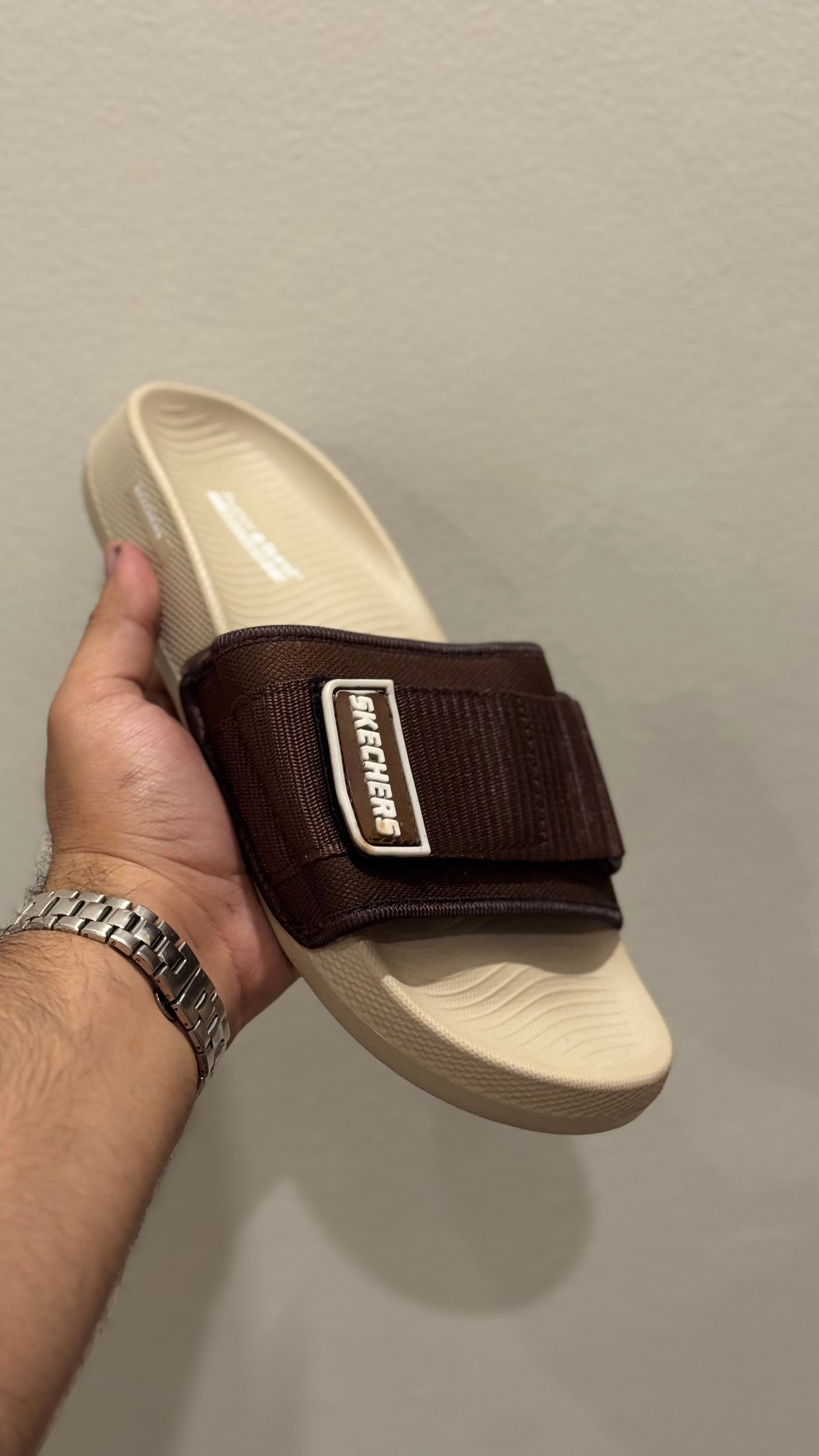 Brown & Beige Skechers Adjustable Strap Slides