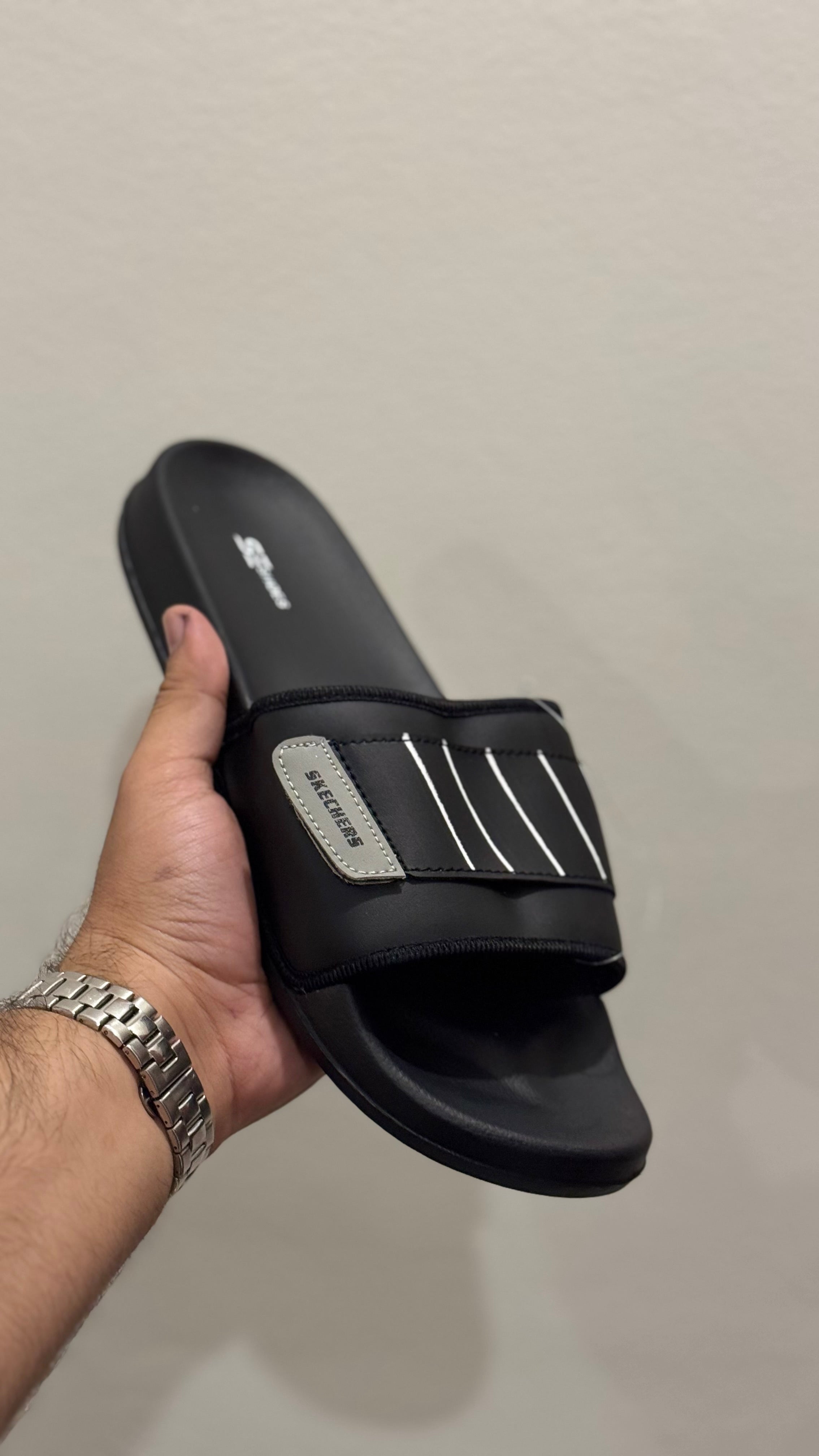 Stripe Skechers Comfort Slide Sandals (black)