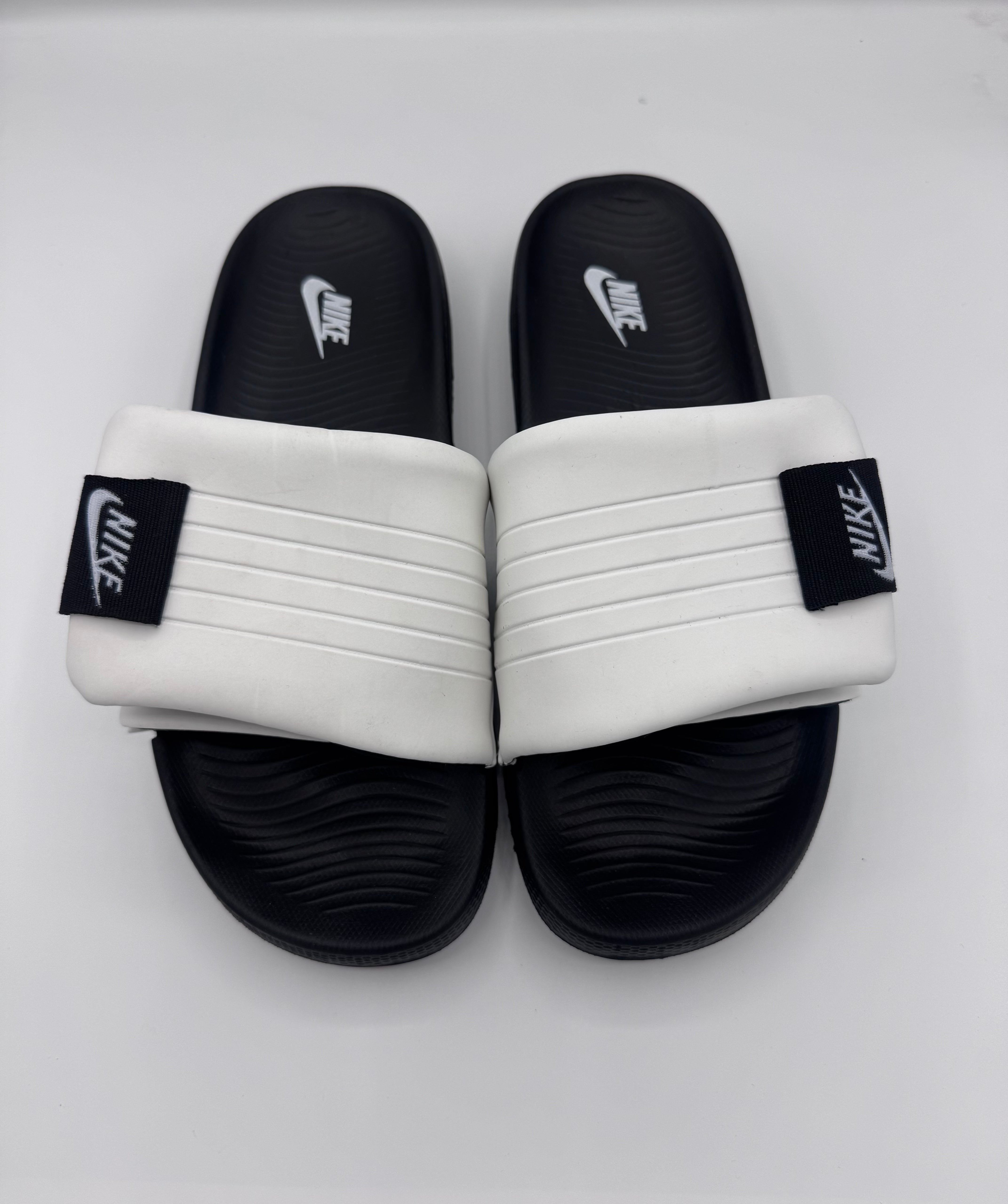Nikee premium Adjustable Slides – white & Black (8mm foam) with recovery sole