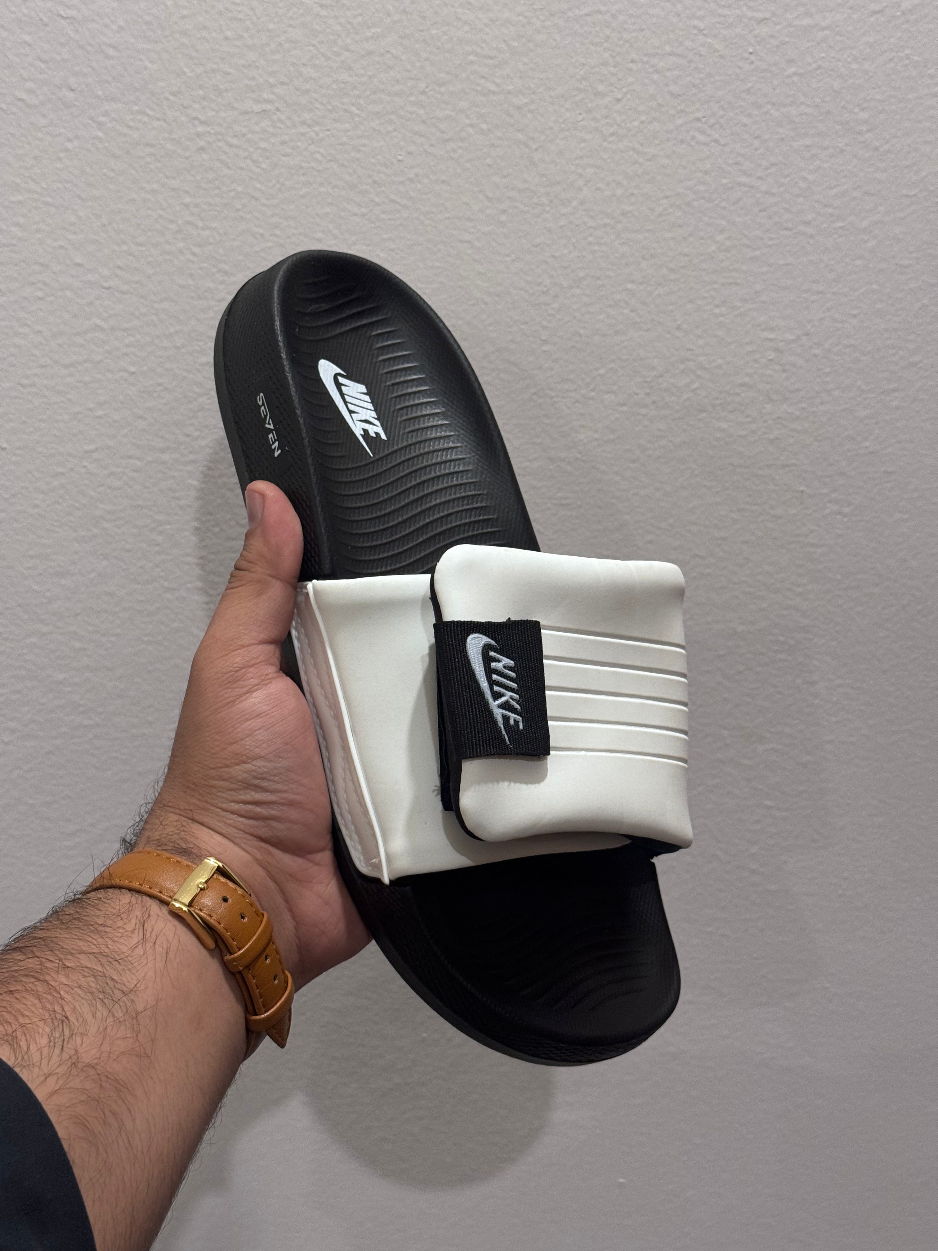 Nikee premium Adjustable Slides – white & Black (8mm foam) with recovery sole