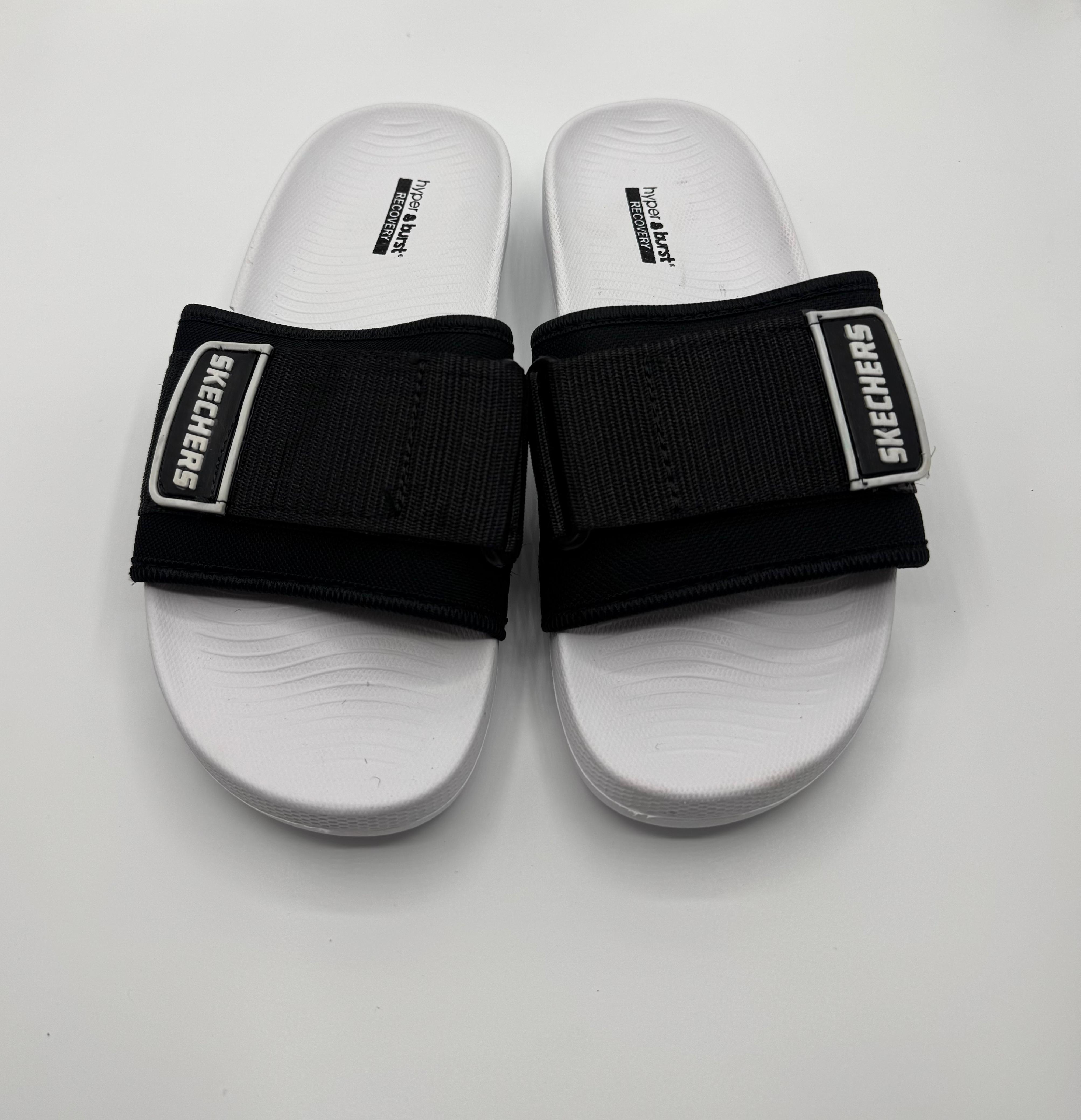 Black & white Skechers Adjustable Strap Slides