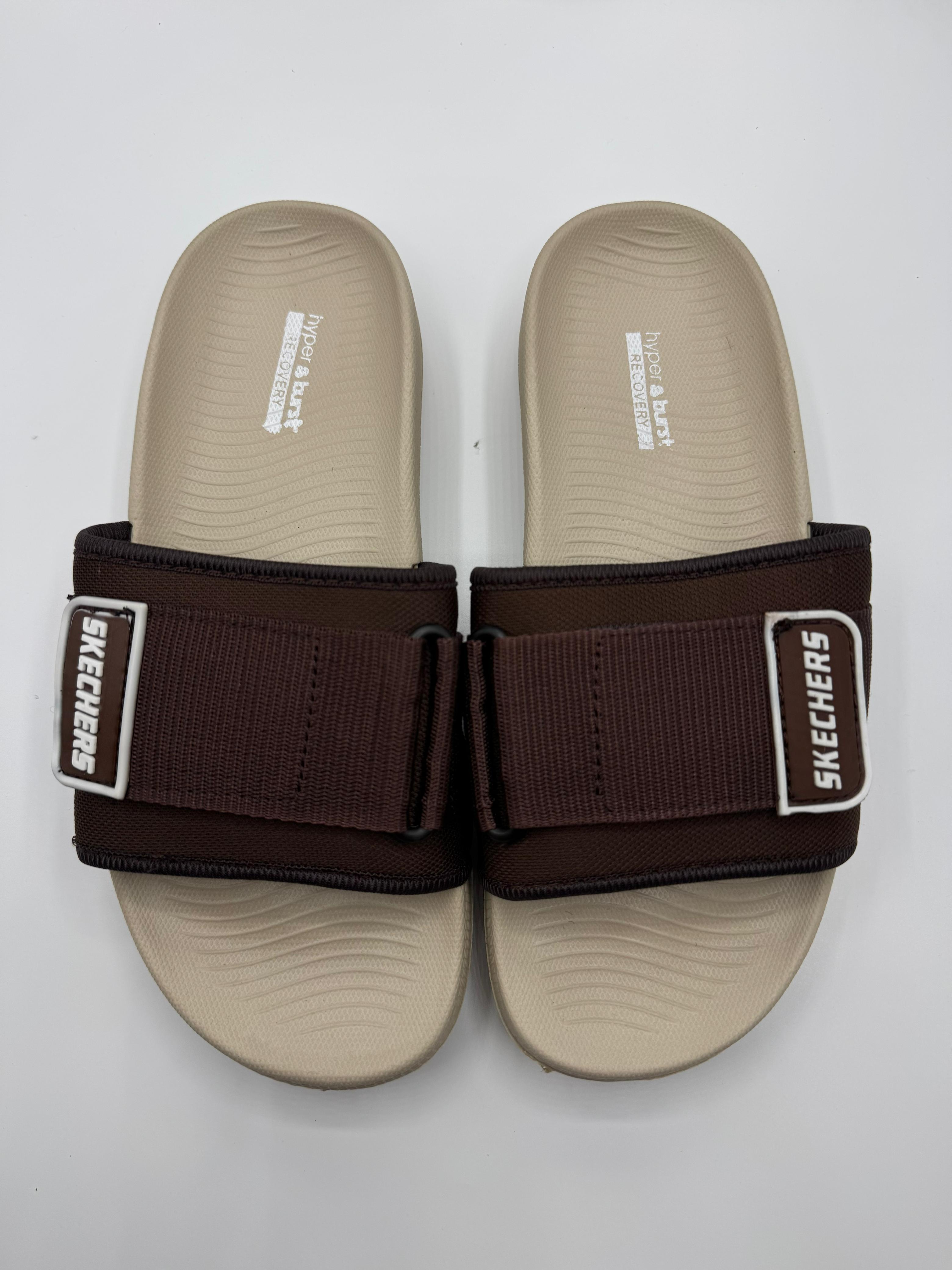 Brown & Beige Skechers Adjustable Strap Slides